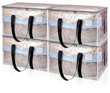 Lorrtta Storage Bags, 90L Large Capacity Clothes Storage Bags, Durable Moving Boxs With Zips 2-Way, 2 Reinforced Handles Saving Boxes, Bedding Save With Card Slot, Clear Clothing Saving, 4 Packs