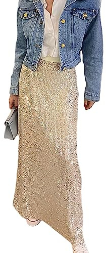 Pailletten Damen Lang Glitzer Bleistiftrock A-Linie Tüllrock - Niedrige Taille Party Rock Elegant (Aprikose, XL)