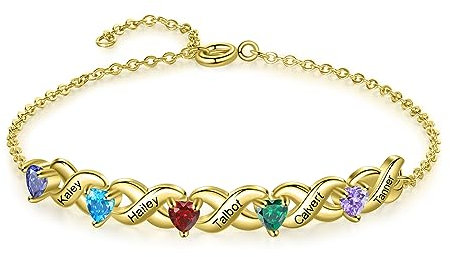 Presentimental Personalisiertes Unendlichkeitsarmband für Damen Armband mit Name Geburtsstein Geschenk für Mutter Tochter Oma Frau Freundin (Gold, 5 name)