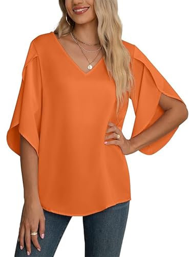 YGJIEGENG Women's Chiffon Blouse Ladies Tops Elegant Casual Loose 3/4 Ruffled Split Sleeve V Neck Summer Blouse T Shirts,Orange, XX-Large