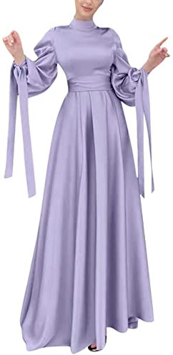 Robe musulmane pour femme - Couleur unie - En satin - Avec longues manches lanternes - Robe maxi - Moyen-Orient - Robe musulmane - Robe abaya - Robe de prière islamique, lilas, M