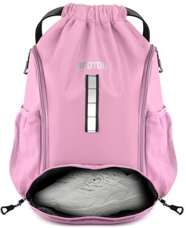 BROTOU Sportbeutel Sporttasche Rucksack Kordelzug Turnbeutel mit Schuhfach Tunnelzug Gym bag Badetasche Wasserfest Fußballtasche für Junge Herren Damen Kinder （Rosa）