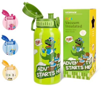 UZSPACE Edelstahl Trinkflasche Kinder 550ml, Isolierte Doppelwandige Flasche mit Einhandbedienung, Auslaufsicher Wasserflasche mit Tragegriff für Schule Kindergarten Sport Outdoor, Grün Dinosaurier