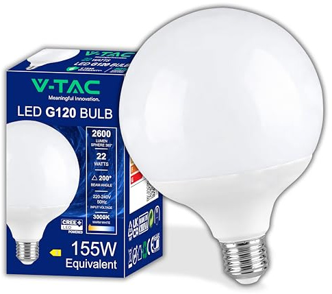 V-TAC LED Glühbirne Globe E27 22W (entspricht 125W) G120-2600 Lumen - LED Lampe Globeform - LED Glühlampen - Energiesparlampe - Licht 3000K Warmweiß