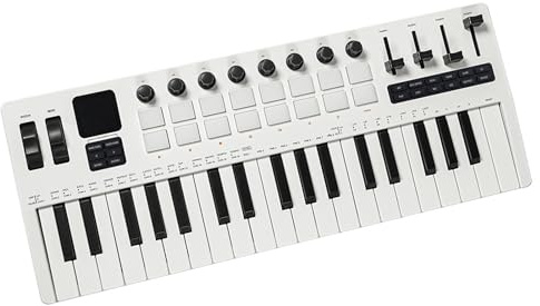 HUIOP MIDI Keyboard Drum Pad, 37-Key with Velocity Sensitivity 16 RGB Backlit Drum Pads 8 Knobs 4 Faders Synthesizer Engine for Music Production, Spring-Loaded Keys, 1.54-inch