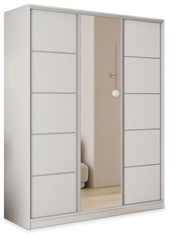Masseno Schwebetürenschrank PINA 150/205/58 cm Kleiderschrank mit 4 Schubladen Schlafzimmer Schiebetürenschrank 3-türig mit Spiegel Weiß