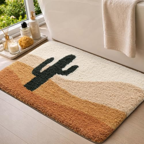 DEXI Badematte 40 x 60 cm, rutschfeste weiche Badezimmerteppich, saugfähig, waschbare Badteppich für Duschboden, Badewanne, Terrakotta mit Kaktusmotiv
