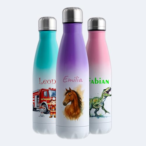 Gravur-Max Trinkflasche Edelstahl 500 ml personalisiert - Pferd – doppelwandige Thermosflasche hält 13 h warm & 24 h kalt – auslaufsicher, BPA-frei & mit Wunschnamen bedruckt – weiß/violett
