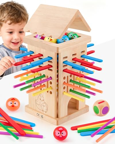 Montessori Wooden Board Games for Kids 3 4 5 6 Years, Fine Motor Skills Toy with Colourful Sticks, Ball & Dice, Family Educational Game for Boys & Girls