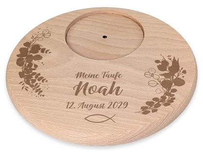 Striefchen® Personalisierter Kerzenhalter aus Holz zur Taufe, Kommunion oder Konfirmation – Untersetzer für Kerzen mit Name, Datum & Wunschtext – Kerzenteller aus Buchenholz (Fisch)