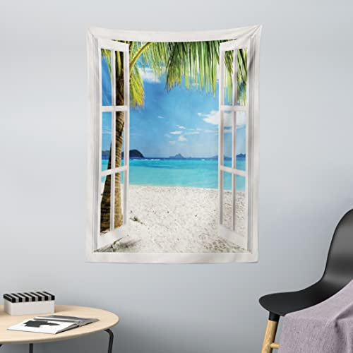 ABAKUHAUS Tropisch Wandteppich, Tropical Beach Palmen aus Weiches Mikrofaser Stoff Waschbar ohne Verblassen Digitaldruck, 110 x 150 cm, Weiß Grün Blau