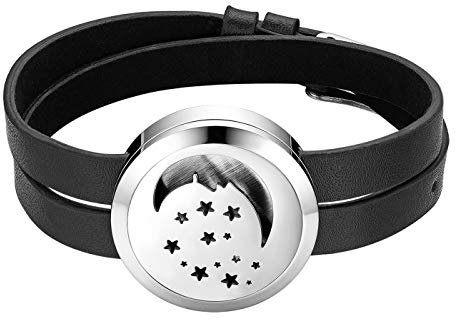 JewelryWe Schmuck Unisex Aroma Öl Diffusor Armband, Edelstahl Halbmond Mond Sterne Aromatherapie Diffusor Locket Medaillon Lederarmband Armreif mit 6 Pads, Schwarz Silber