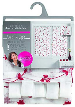 Douceur d'Intérieur Coppia di tende dritte con passanti, 60 x 90 cm, velate, sabbiate, ricamate con piccoli fiori, colore: bianco/rosso.