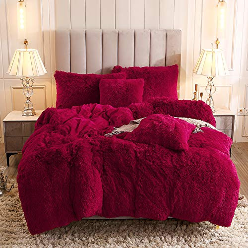 Uhamho Faux Fur Velvet Fluffy Bedding Duvet Cover Set Down Comforter Quilt Cover with Pillow Shams, Ultra Soft Warm (Burgundy, King)