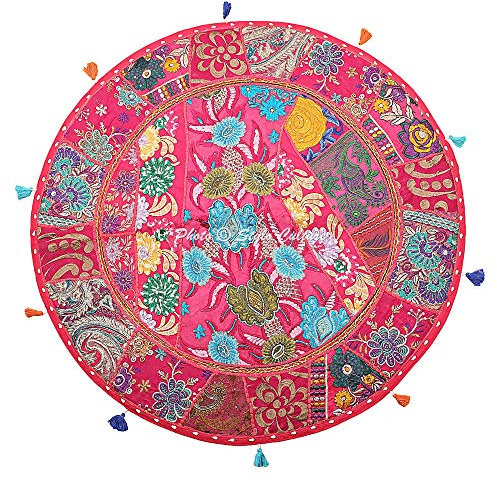 Stylo Culture Indisch Bodenkissenbezug Bodensitzkissen Yoga 70 x 70 cm Groß Rund Vintage Dunkelpink Boho Patchwork Lounge-Sessel Baumwolle Bestickt Bodenkissen Außen