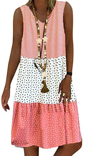 Minetom Robe Été Femme de Plage Rétro Bohême Robes Col V Robes au Genou sans Manches Rayure Chemise Casual Grande Taille Tuniques Ample D Rose 50