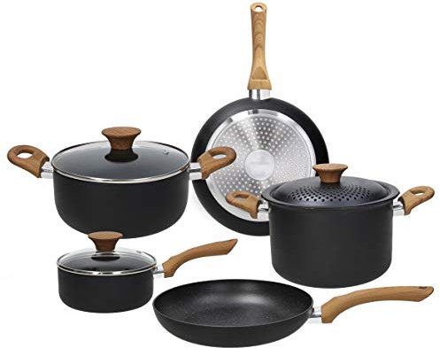 Tognana Rock In Wood, Batteria di pentole e padelle, Set con 2 padelle, 2 casseruole, 1 pastaiola, 2 coperchi trasparenti, 1 coperchio con fori, 8 Pezzi, Alluminio, Nero