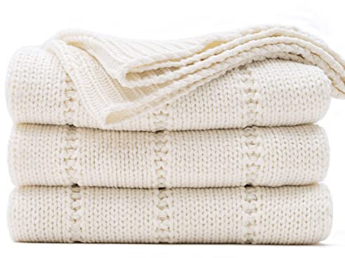 RECYCO Cable Knitted Throw Blanket for Sofa Chair Couch Bed, sofa knit throw, bed throw, Cream, 152x127cm