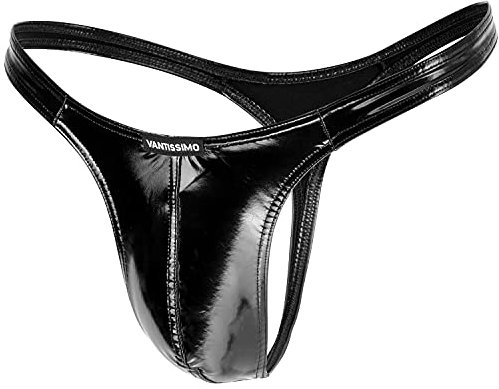 String Tanga Herren Made in Germany Leder Hochglanz Lack-Latex-Optik Farbe Schwarz Wetlook Kunstleder, Sexy Unterwäsche, Dessous Erotik Erotische Reizwäsche für Männer, Men Underwear (Schwarz, XL)