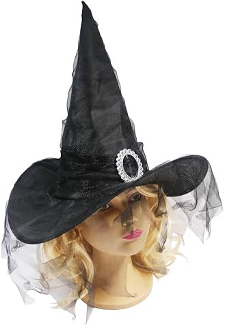Cappello da strega/stregone di Halloween con velo. Cappello da festa classico per costume da strega. (Nero)