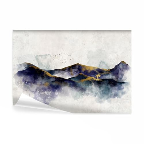 decomonkey Fototapete Landschaft, 250x175 cm, Berge Hügel Abstrakt Golden | Gebirge, Vögel, Aquarelle, Vlies, Schlafzimmer, Wohnzimmer, Tapete, Fototapeten, Tapeten, Vliestapete, Wandtapete, moderne