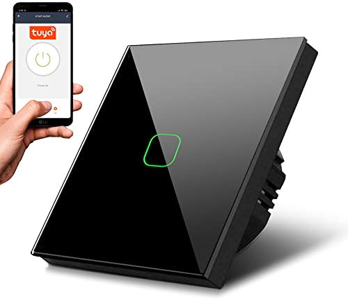 Maclean MCE716B Smart WiFi Touch Lichtschalter Kompatibel mit Tuya APP Wandschalter Glas Schalter mit Farbwechsel LED Hintergrundbeleuchtung Einbauschalter 85x85mm (1-Fach Eckig, Schwarz)