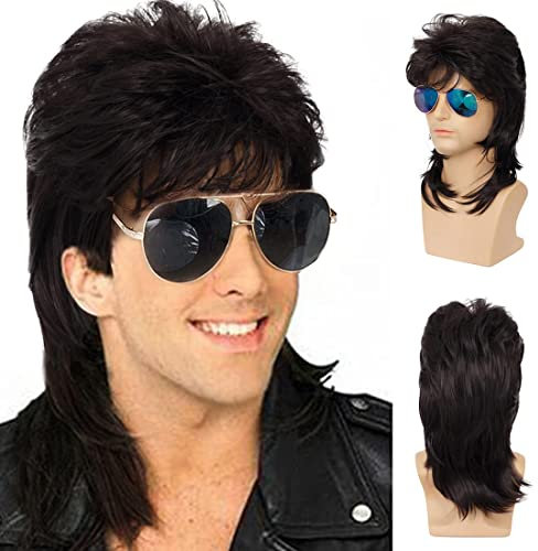 Qnbiar Herren Vokuhila Perücke Schwarz Lockig 70er 80er Cosplay Kostüm Perücke Retro Punk Rocker Disco Synthetische Vollperücken