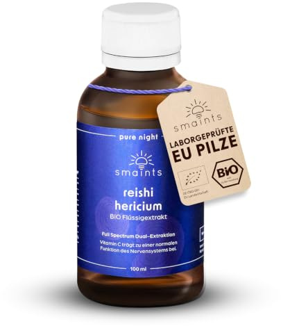 smaints Bio Reishi & Hericium Flüssigextrakt | Bio-Vitalpilz-Dualextrakt mit über 40% Polysacchariden | Hochdosiert maximale Bioverfügbarkeit | Vitamin C zur Unterstützung des Nervensystems* am Abend