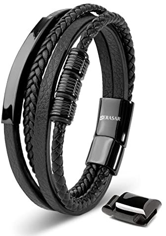 SERASAR Armband Herren 20cm Schwarz Männer Leder Armreif Lederband Herrenarmreif Armschmuck Schmuck Herrenschmuck Armkette Flecht Wickelarmband Kette Leather
