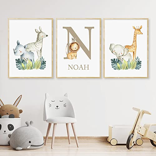Youihom 3 Name Personalisiert Baby Bilder 30 x 40 cm Beige Grün Bild Kinderzimmer Waldtiere Elefant Giraffe Zebra Nilpferd Poster Babyzimmer Boho Kunstdrucke Kinder Leinwand Jungen ohne Rahmen