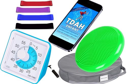 Seka-Planet kit TDAH Enfants avec minuteur visuel, Coussin d’équilibre, Bandes élastiques et eBook éducatif, Outils sensoriels pour Maison ou Classe