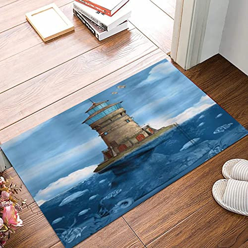 ANNKOOT Weich Badezimmerteppich 50x80 cm,Leuchtturm Möwen Vögel Architektur Maritime Rifffische Undersea,rutschfest waschbar Badematte, Badteppich Mikrofaser Saugfähig Badvorleger Duschvorleger