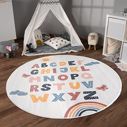 Paco Home Teppich Kinderzimmer Kinderteppich Spielteppich Kurzflor rutschfest Krone Herzen Punkte Sonne Regenbogen Buchstaben, Grösse:160 cm Rund, Farbe:Bunt