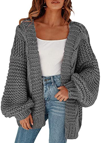 Cicy Bell Damen Strickjacken Cardigan Lose Laternenärmel Elegante Übergroße Pullover Grau XL