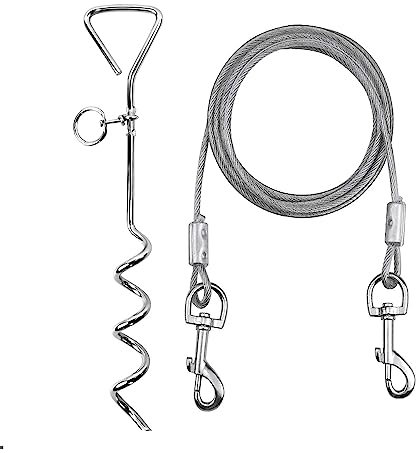 10ft Dog Tie Out Cable with 15 Spiral Ground Stake Spike for Small to Medium Dogs Up to 60 lbs for Playing Camping Outdoor Yard and Backyard in Ground (White)