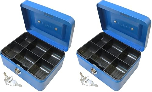 Cathedral Products Key Lockable Cash Box with Lift Out 6 Compartment Coin Tray - 6 Inch - Blue (Pack of 2)