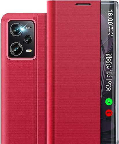 Hülle für Xiaomi Redmi Note 12 Pro 5G HandyHülle Klappbar, Luxus Dünn Spiegel Flip Leder Hard PC Stoßfest Case Cover für Xiaomi Note 12 Pro mit Ständer Clear View für Redmi Note 12 Pro Etui (Rot)