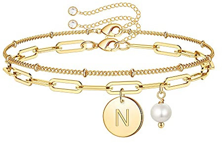 TINGN Armband mit Buchstaben für Damen und Frauen - Charms Initial Armbänder mit Buchstaben N, Verstellbar, Gold, Schlicht - Perlen Mädchen Schmuck, Personalisiertes Armband