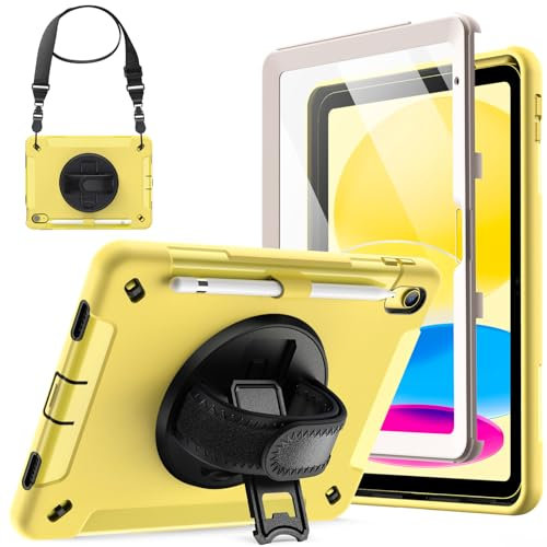 JETech Funda para iPad (A16) 11.ª/10.ª Generación (2025/2022) con Incorporada Protector Pantalla, Rugosa Antigolpes Carcasa, Soporte Giratorio 360 Grados con Correa Mano (Amarillo)