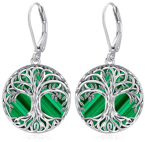 Eusense Boucles d'oreilles arbre de vie Boucles d'oreilles en argent 925 avec arbre de vie en malachite Boucles d'oreilles pendantes Bijoux Cadeau pour Femmes Filles