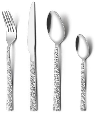 Onader 32 Piece Cutlery Set, Stainless Steel Flatware Tableware Sets for 8 People, Hammered Silverware Includes Knife Fork Spoon for Home Hotel Restaurant, Mirror Finished & Dishwasher Safe