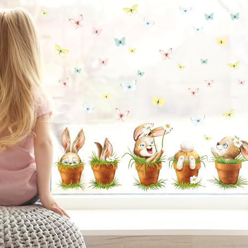 Wandtattoo Loft Fensterbilder Frühling 5 Hasen im Blumentopf Motiv – A4 Bogen Wiederverwendbar – Frühlingsdeko Fenster, Frühlingsbild Fenster, Fensterdeko Frühling, Fensterfolie Frühling Selbstklebend