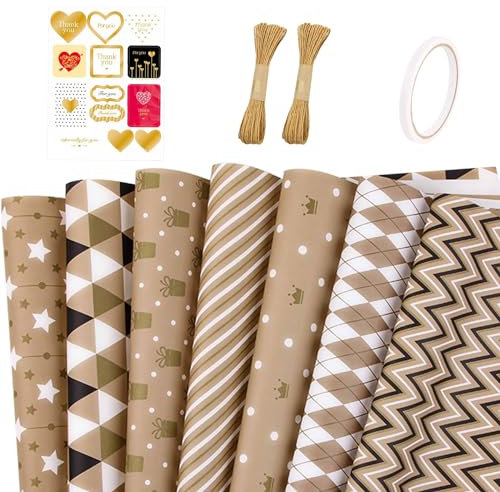GmeDhc Papier Cadeau Anniversaire, 7Pièces Rouleau Papier Motif, 50 x 70cm Papier Cadeau Avec 2 Pièces Ficelle Emballage Cadeau et 1 Autocollant, Feuille Demballage Pour Anniversaires, Noël, Mariages