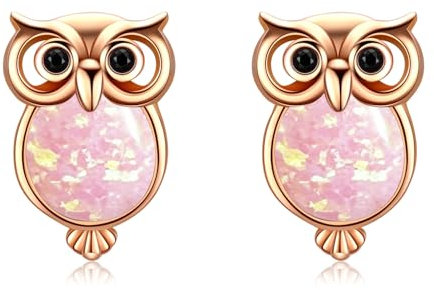Opal Eule Ohrstecker Kette 925 Sterling Silbler Ohrschmuck Eulenohrringe für Frauen Opal Ohrringe für Mädchen Ohrstecker Opal Schmuck Geschenk für Damen (C-Rose Gold)