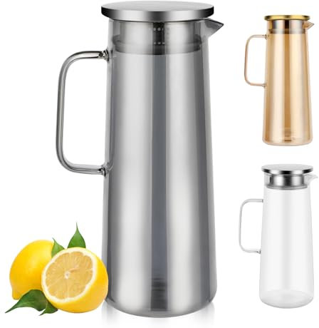 Auauraintt Glaskaraffe mit Deckel,1.5L Glaskaraffe mit Deckel Edelstahl,Hitzebeständiges Borosilikatglas, für Limonade, Wasser,Tee & Saftgetränke (Schwarz)