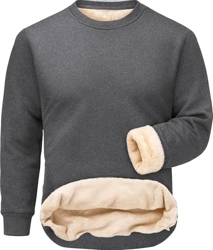 Tansozer Mens Warm Sweatshirts No Hood Winter Fleece Jumper fur Lined Thermal Sweater Pullover Work Casual Top Base, Dark Grey, S