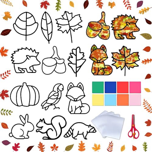 12 Stück Herbst Bastelset für Kinder, Erntedankfest DIY Set, Herbstdeko, Fensterbilder, Thanksgiving-Dekorationsset (Tier)
