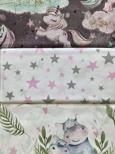 Keine Meterware, Mädchen Stoffpaket 3x50x150cm, Stoffe zum Nähen, Stoff für Kinder, 100% Baumwolle: 1,5m Baumwollstoff Stoffset - Tiere Kinderstoff mit Sterne - Einhorn Nilpferd grau rosa weiß - Bea