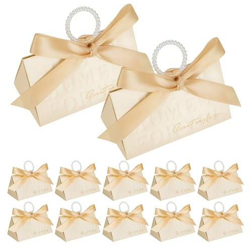 30 Stück Gastgeschenke Hochzeit Geschenkbox, SHAIDOJIO Kleine Süßigkeiten Schachtel mit Band, Beige Dreieck Geschenk Box, Schokolade Schachteln für Hochzeit Geburtstag Abendessen Party