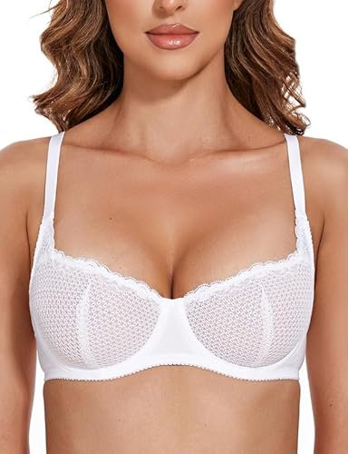 WingsLove Women's Balconette Lace Bra Unlined Underwire Half Cup Bra See Through Balcony Bra White 34DD